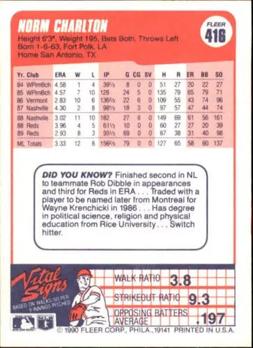 Back of 1990 Fleer Norm Charlton baseball card with original gloss, NM-MT condition