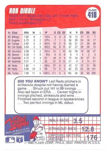 1990 Fleer #418 Rob Dibble NM-MT Reds ID:3630 - Baseball Card Single