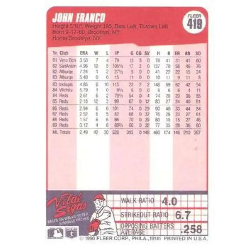 1990 Fleer #419 John Franco NM-MT Cincinnati Reds Baseball Card - Baseball Card Single