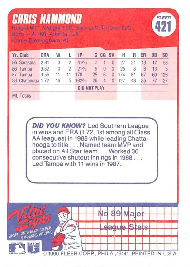 1990 Fleer #421 Chris Hammond NM-MT RC Rookie Cincinnati Reds Baseball Card - Baseball Card Single