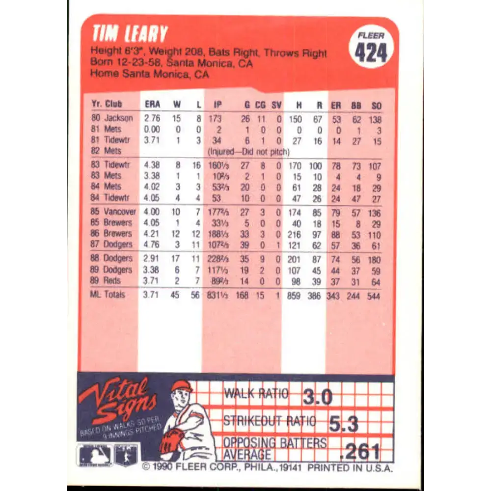 1990 Fleer #424 Tim Leary NM-MT Cincinnati Reds Baseball Card - Baseball Card Single