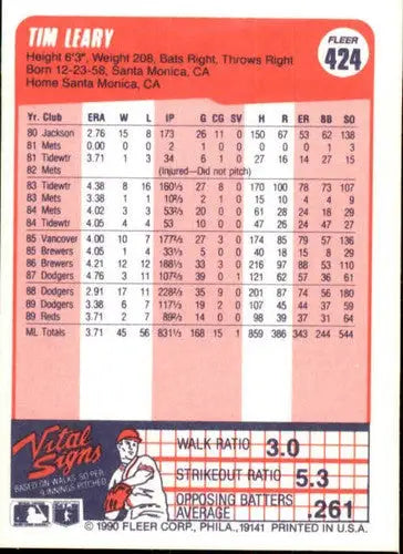 1990 Fleer #424 Tim Leary NM-MT Reds ID:3632 - Baseball Card Single