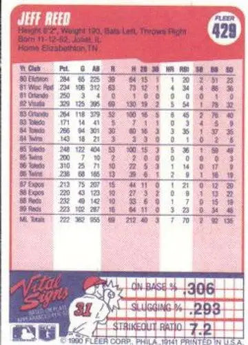 1990 Fleer #429 Jeff Reed NM-MT Reds - Baseball Card Single