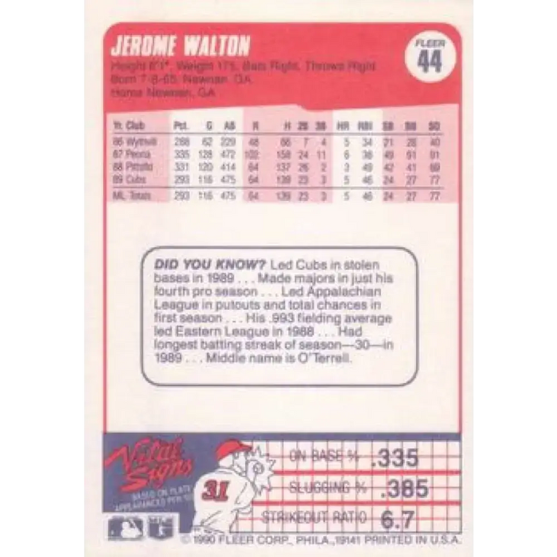 1990 Fleer #44 Jerome Walton NM-MT Chicago Cubs Baseball Card