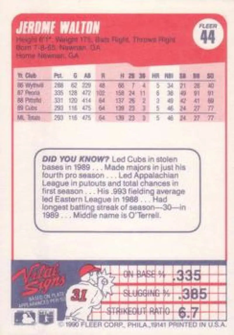 1990 Fleer #44 Jerome Walton NM-MT Chicago Cubs Baseball Card - Baseball Card Single