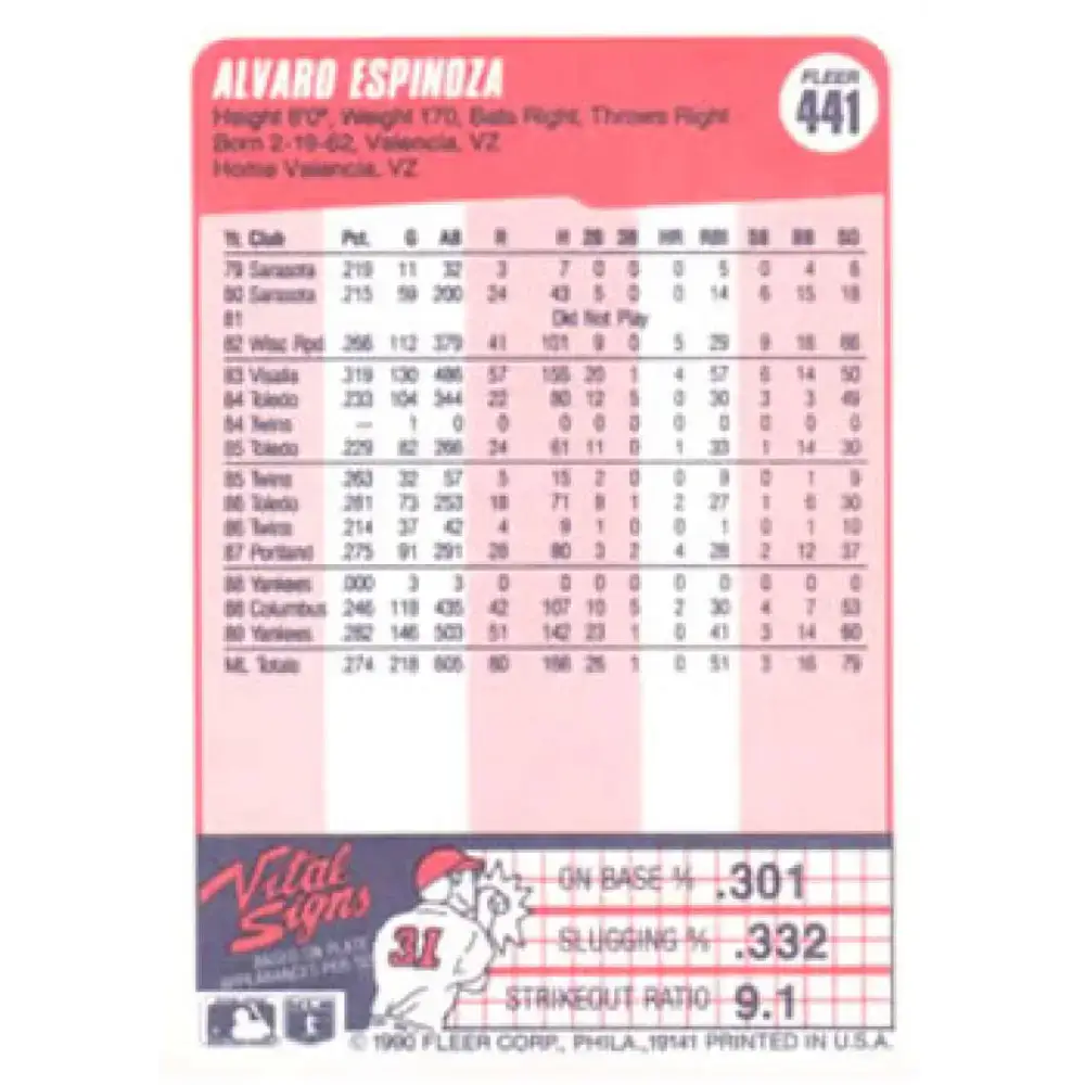 1990 Fleer #441 Alvaro Espinoza UER NM-MT New York Yankees Baseball Card - Baseball Card Single