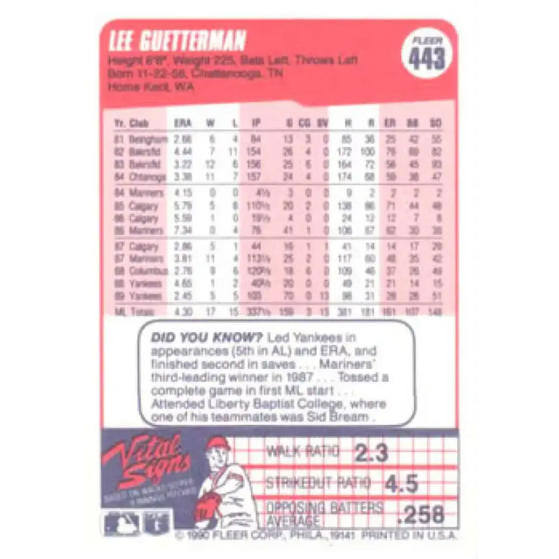 1990 Fleer #443 Lee Guetterman NM-MT New York Yankees Baseball Card - Baseball Card Single