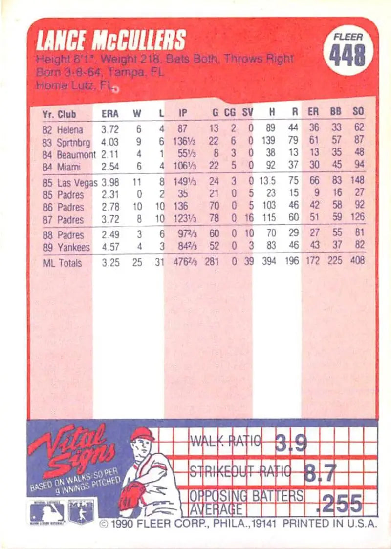 1990 Fleer #448 Lance McCullers NM-MT New York Yankees Baseball Card - Baseball Card Single