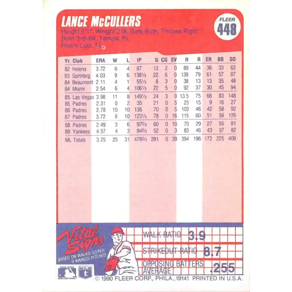 1990 Fleer #448 Lance McCullers NM-MT New York Yankees Baseball Card - Baseball Card Single