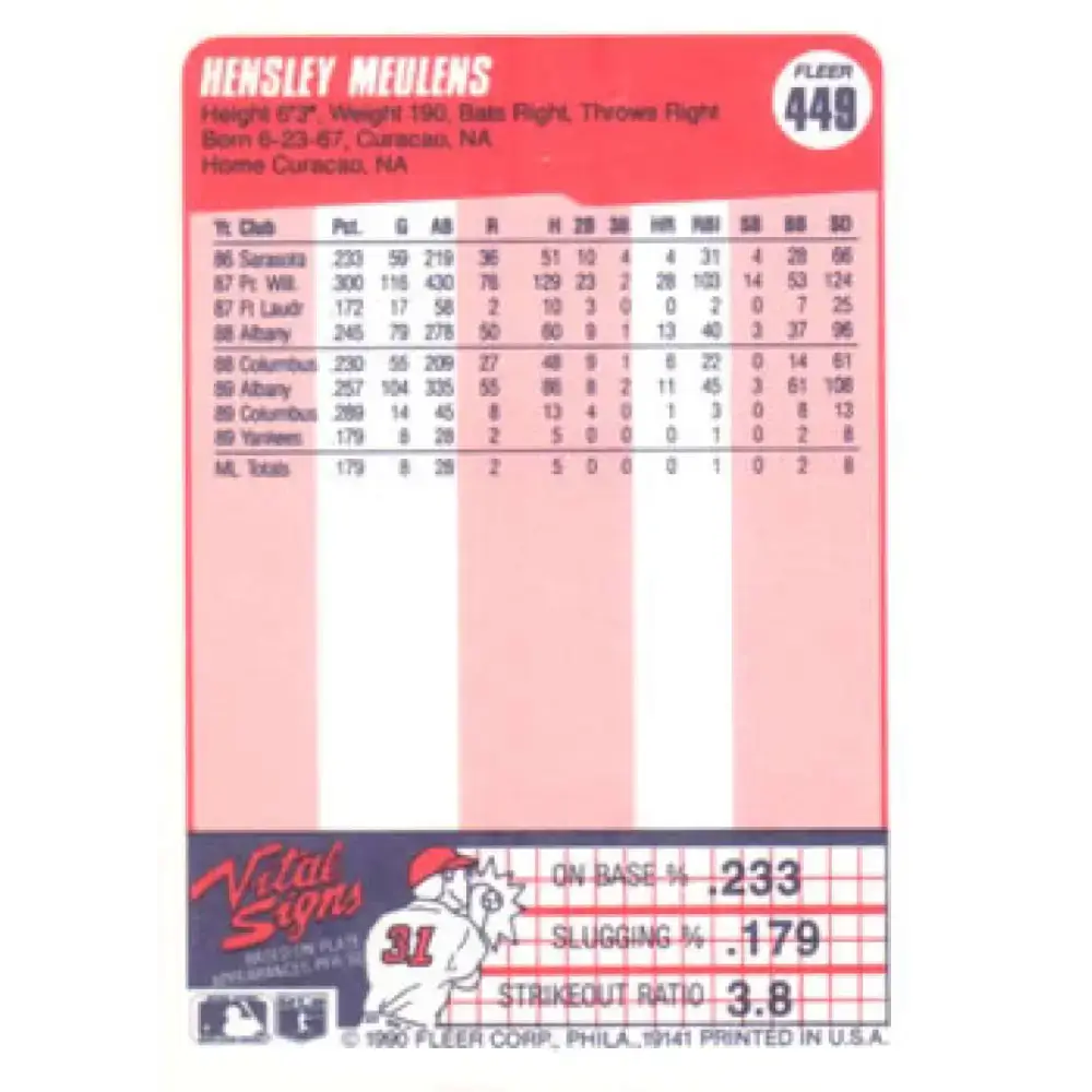 1990 Fleer #449 Hensley Meulens NM-MT New York Yankees Baseball Card - Baseball Card Single