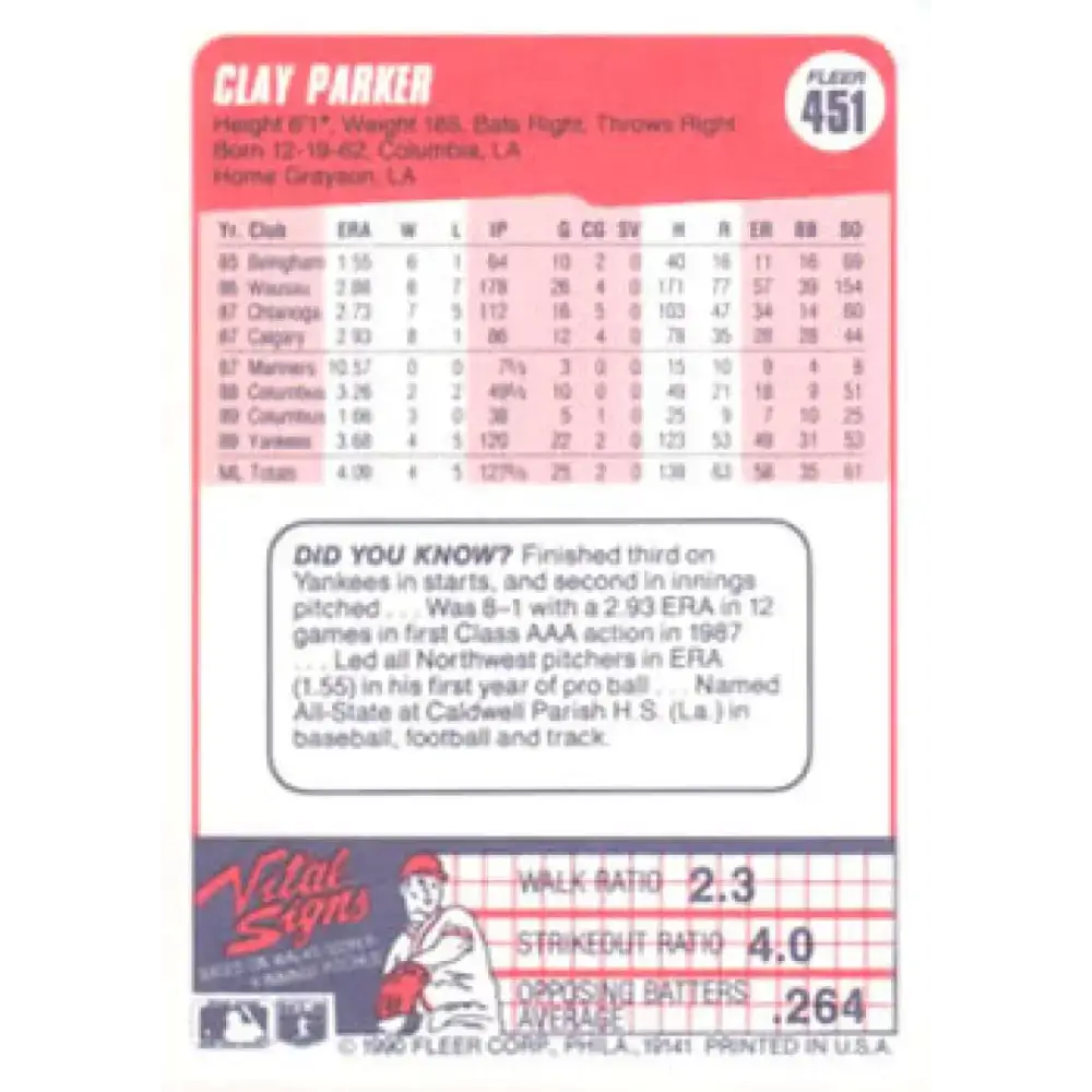 1990 Fleer #451 Clay Parker NM-MT New York Yankees Baseball Card - Baseball Card Single
