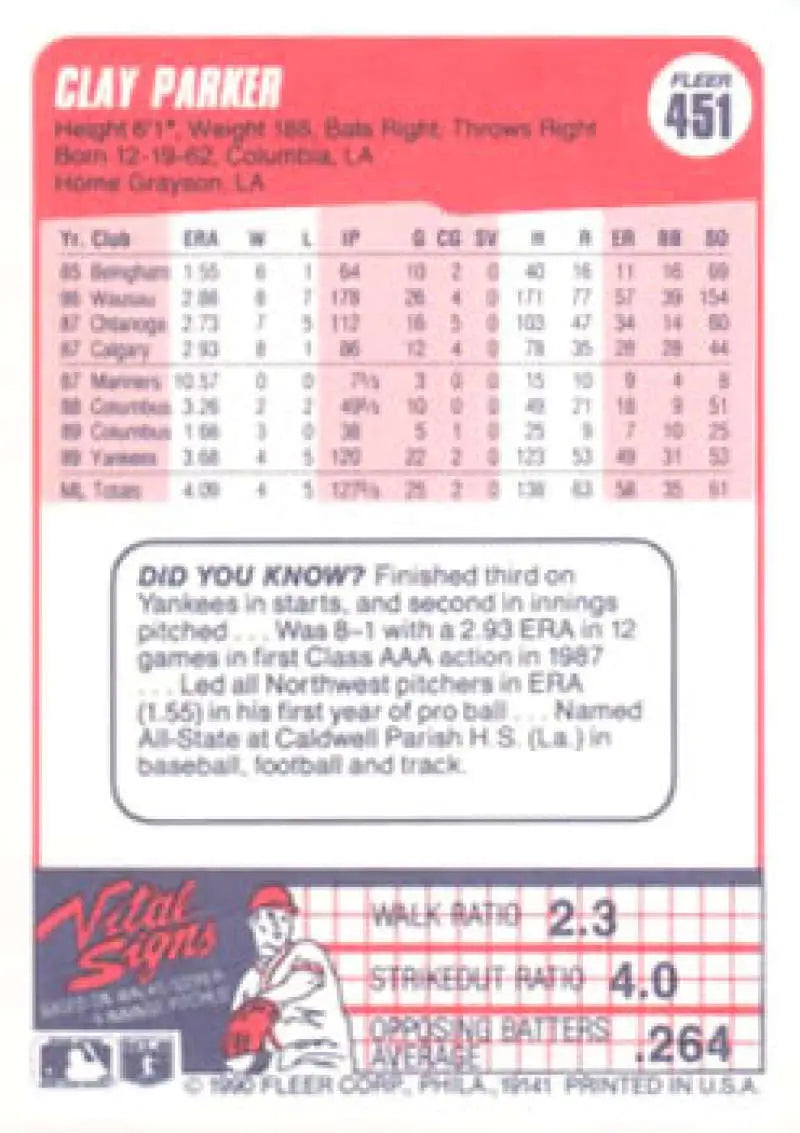 1990 Fleer #451 Clay Parker NM-MT New York Yankees Baseball Card - Baseball Card Single
