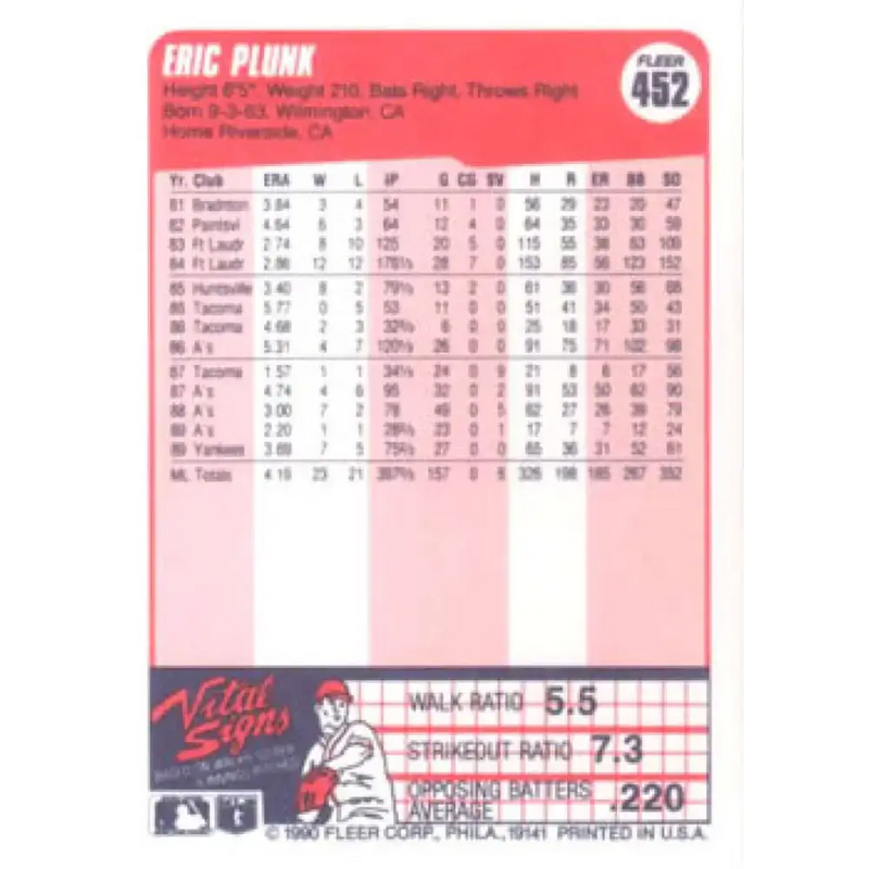 1990 Fleer #452 Eric Plunk NM-MT New York Yankees Baseball Card - Baseball Card Single