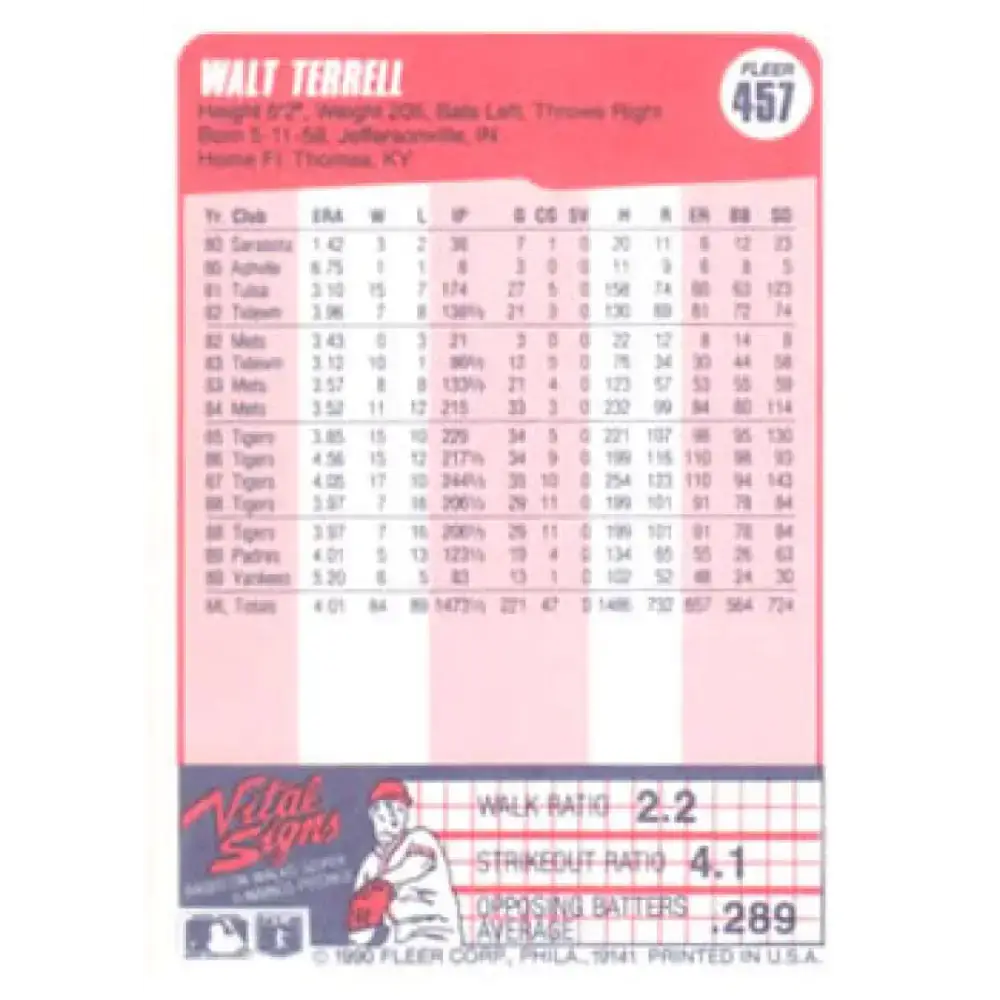 1990 Fleer #457 Walt Terrell NM-MT New York Yankees Baseball Card - Baseball Card Single