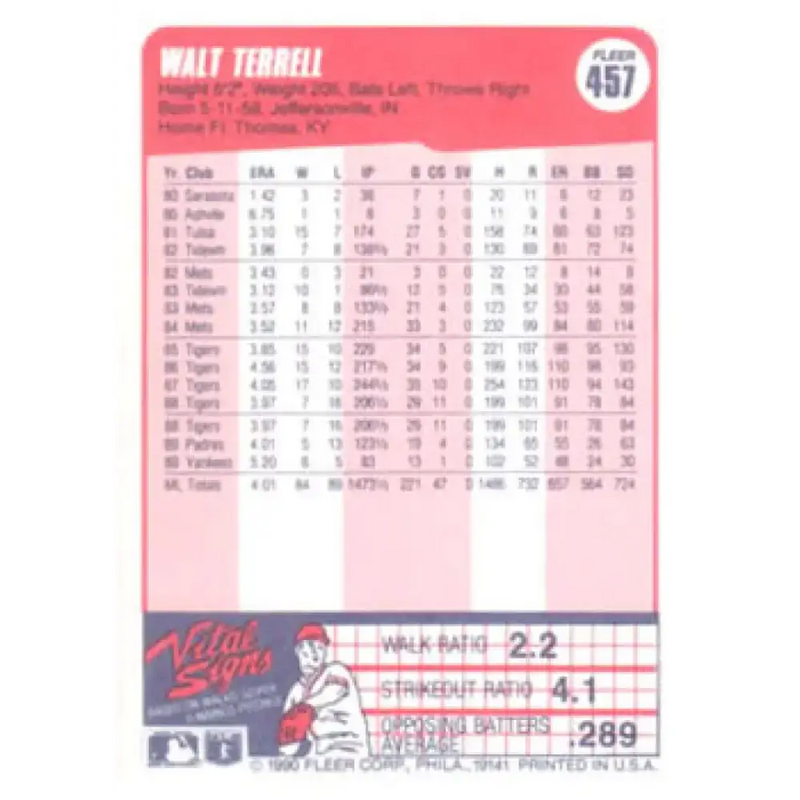1990 Fleer #457 Walt Terrell NM-MT New York Yankees Baseball Card - Baseball Card Single