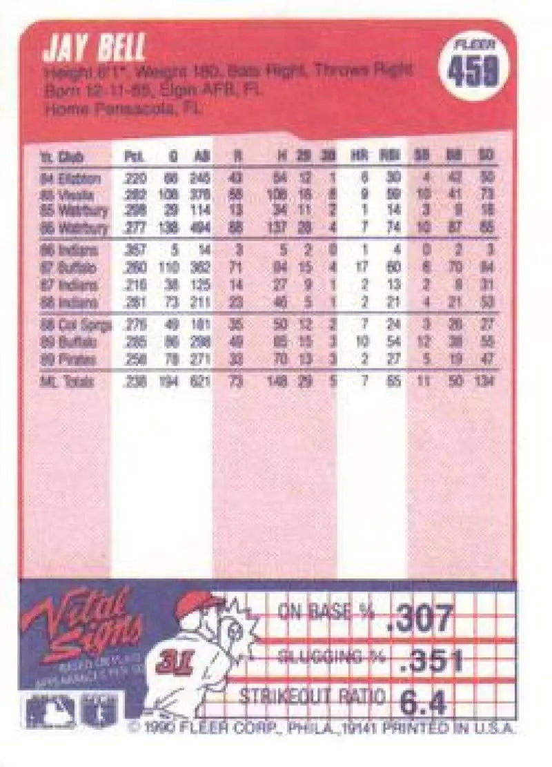 1990 Fleer #459 Jay Bell NM-MT Pittsburgh Pirates Baseball Card - Baseball Card Single