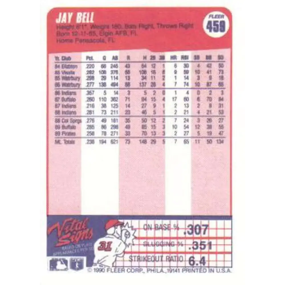 1990 Fleer #459 Jay Bell NM-MT Pittsburgh Pirates Baseball Card - Baseball Card Single