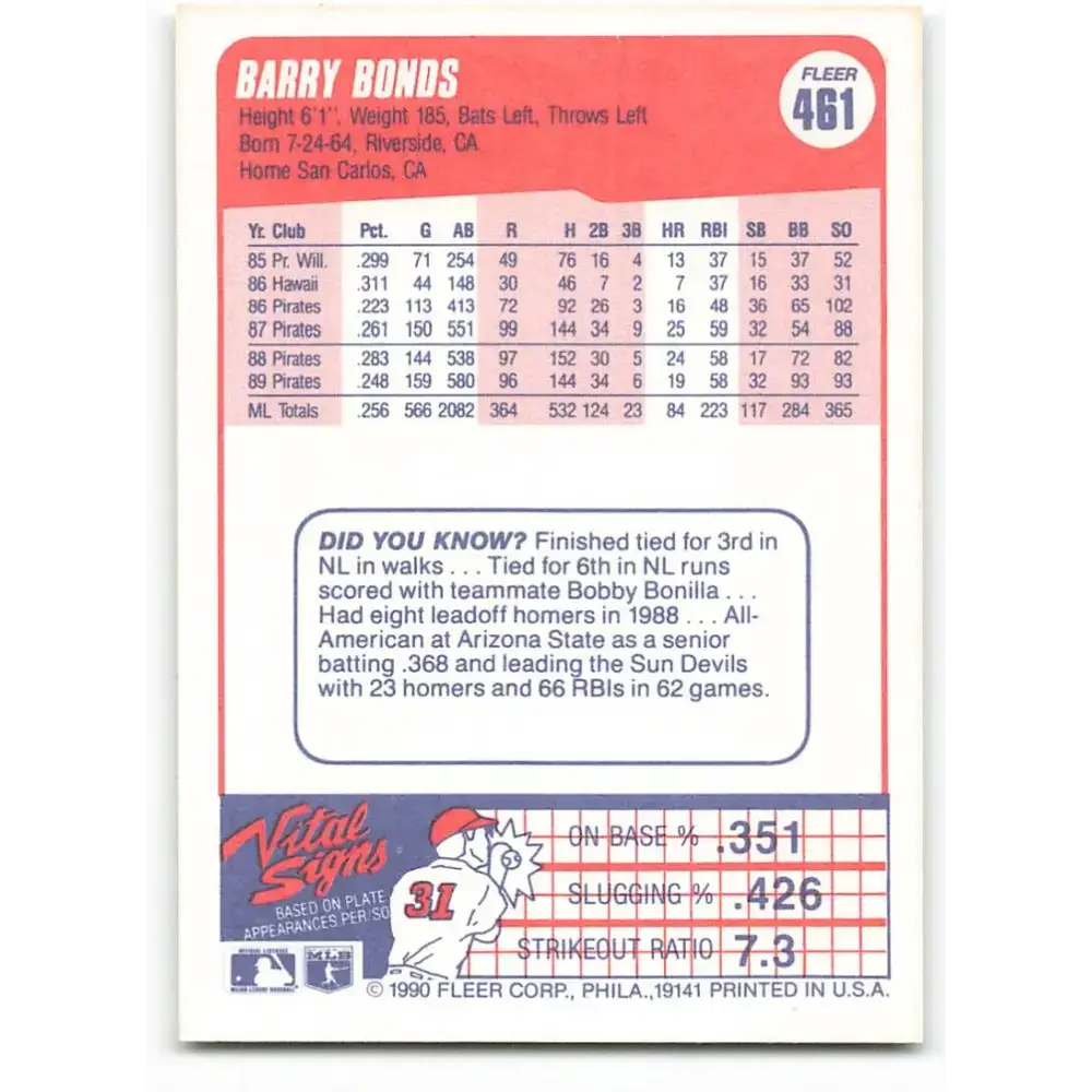 1990 Fleer #461 Barry Bonds NM-MT Pittsburgh Pirates Baseball Card - Baseball Card Single