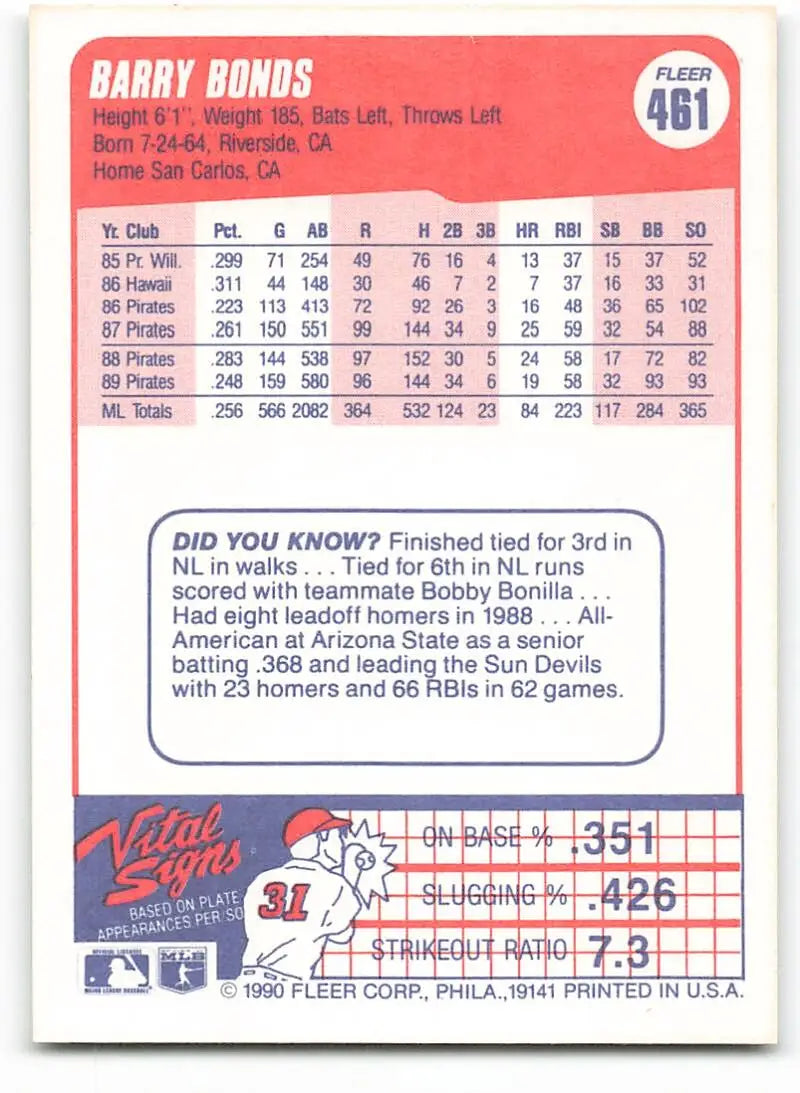 1990 Fleer #461 Barry Bonds NM-MT Pittsburgh Pirates Baseball Card - Baseball Card Single