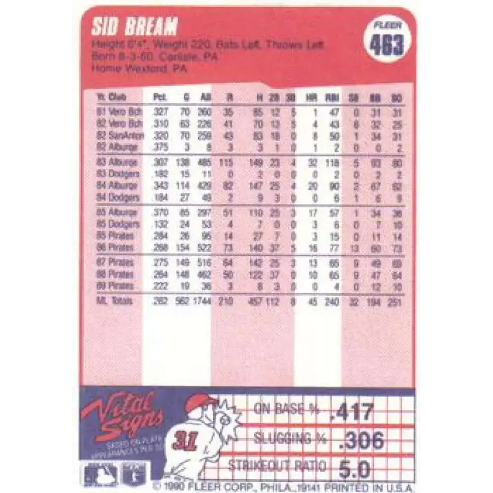 1990 Fleer #463 Sid Bream NM-MT Pittsburgh Pirates Baseball Card - Baseball Card Single