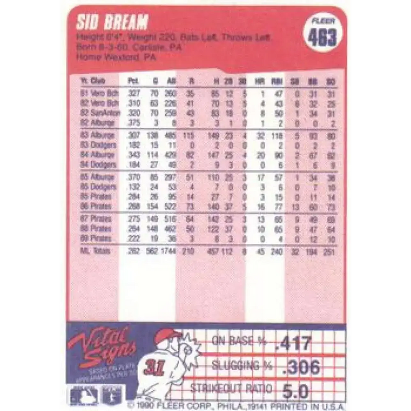 1990 Fleer #463 Sid Bream NM-MT Pittsburgh Pirates Baseball Card - Baseball Card Single