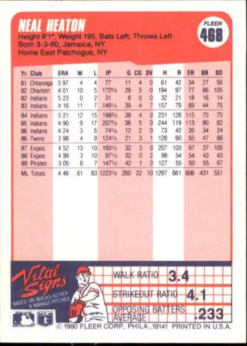 1990 Fleer #468 Neal Heaton NM-MT Pirates ID:3634 - Baseball Card Single