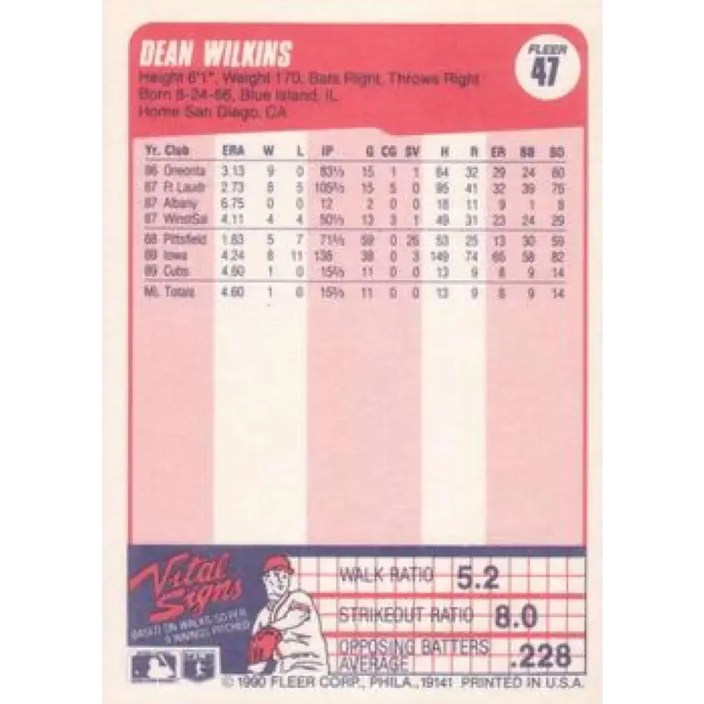 1990 Fleer #47 Dean Wilkins NM-MT RC Rookie Chicago Cubs Baseball Card - Baseball Card Single
