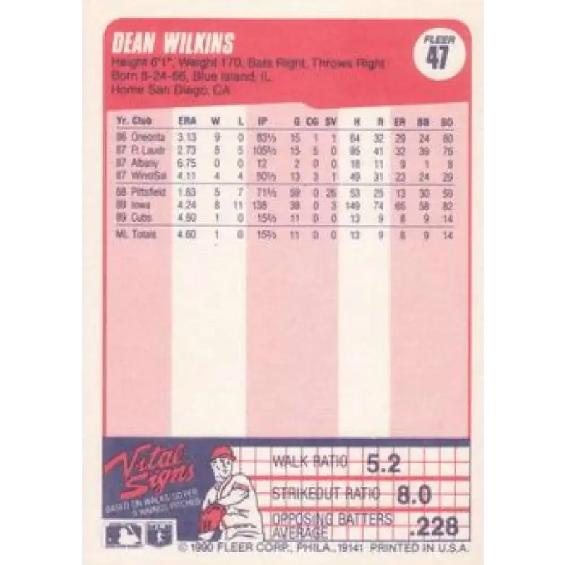 1990 Fleer #47 Dean Wilkins NM-MT RC Rookie Chicago Cubs Baseball Card - Baseball Card Single