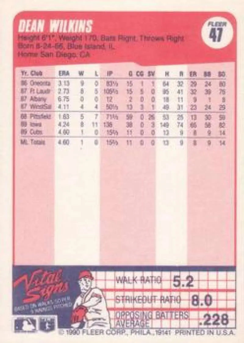 1990 Fleer #47 Dean Wilkins NM-MT RC Rookie Chicago Cubs Baseball Card - Baseball Card Single