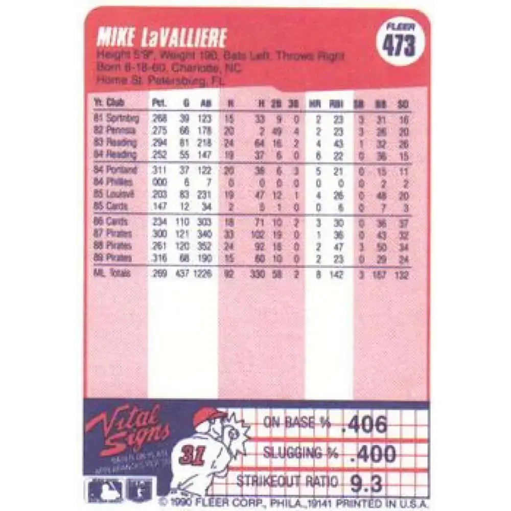 1990 Fleer #473 Mike LaValliere NM-MT Pittsburgh Pirates Baseball Card - Baseball Card Single