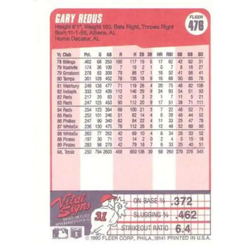 1990 Fleer #476 Gary Redus NM-MT Pittsburgh Pirates Baseball Card - Baseball Card Single