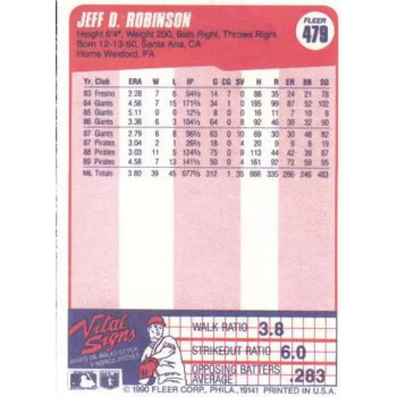 1990 Fleer #479 Jeff Robinson NM-MT Pittsburgh Pirates Baseball Card - Baseball Card Single