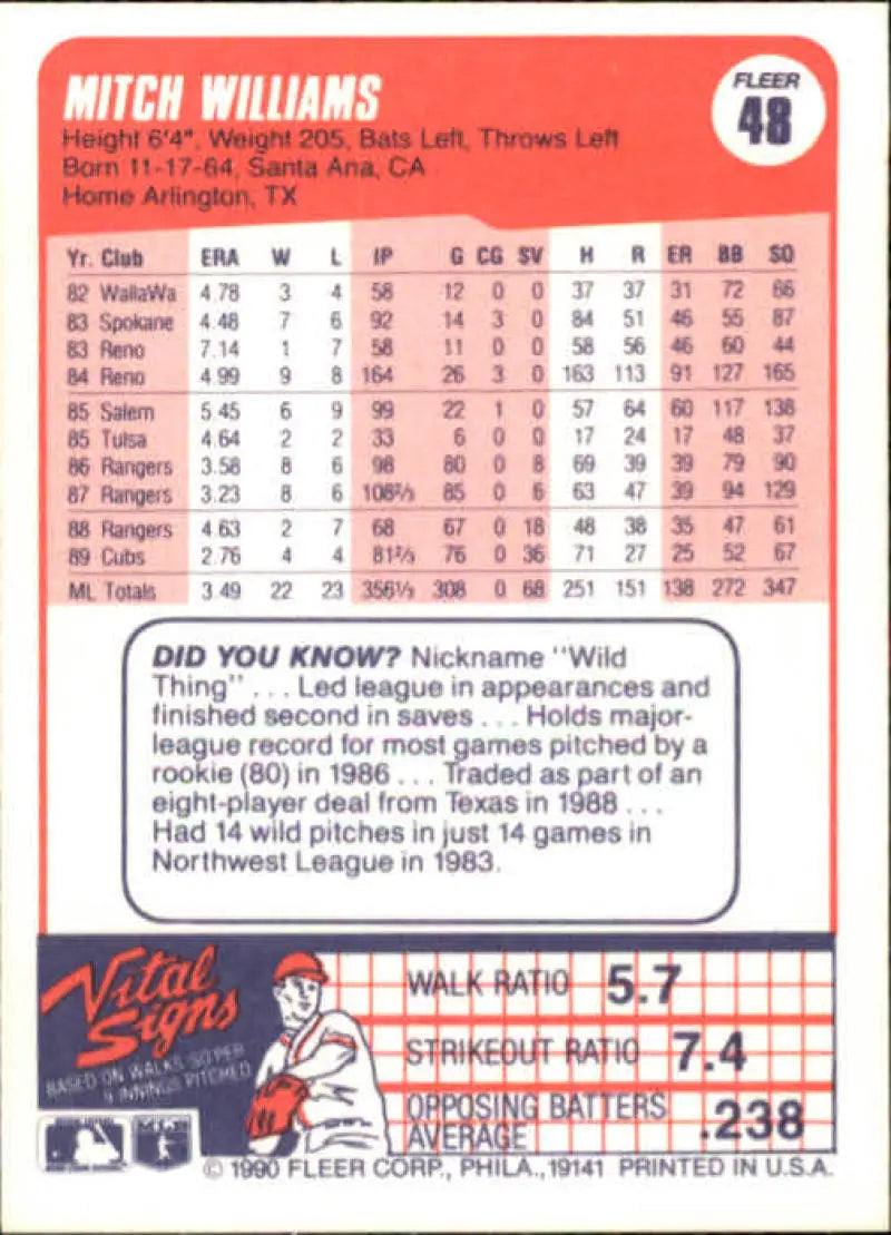 1990 Fleer #48 Mitch Williams NM-MT Chicago Cubs Baseball Card - Baseball Card Single