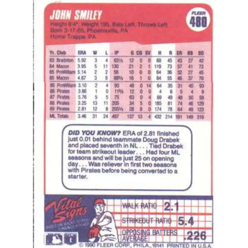 1990 Fleer #480 John Smiley NM-MT Pittsburgh Pirates Baseball Card - Baseball Card Single