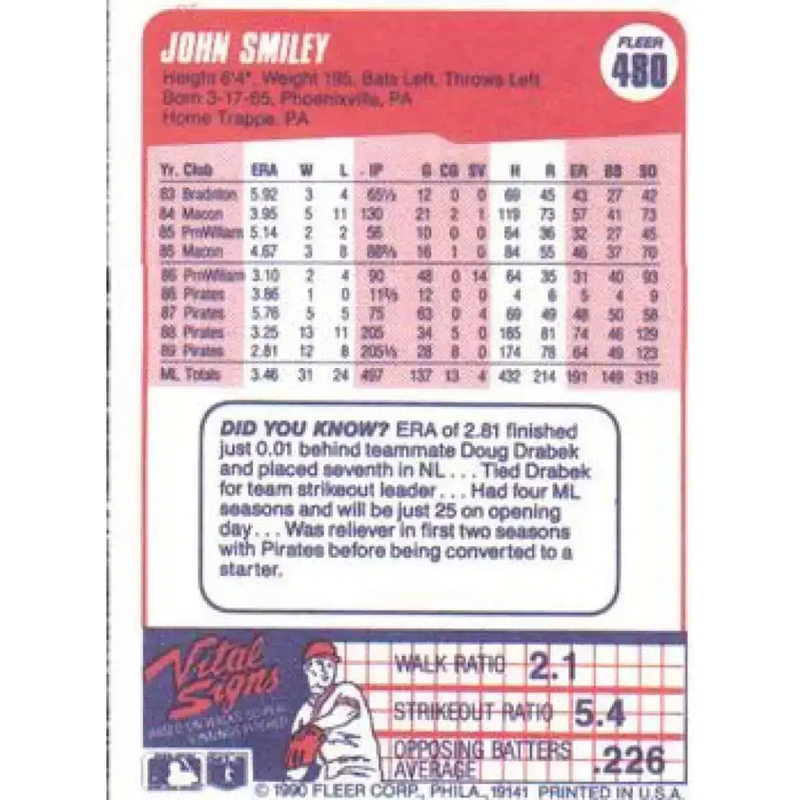 1990 Fleer #480 John Smiley NM-MT Pittsburgh Pirates Baseball Card - Baseball Card Single