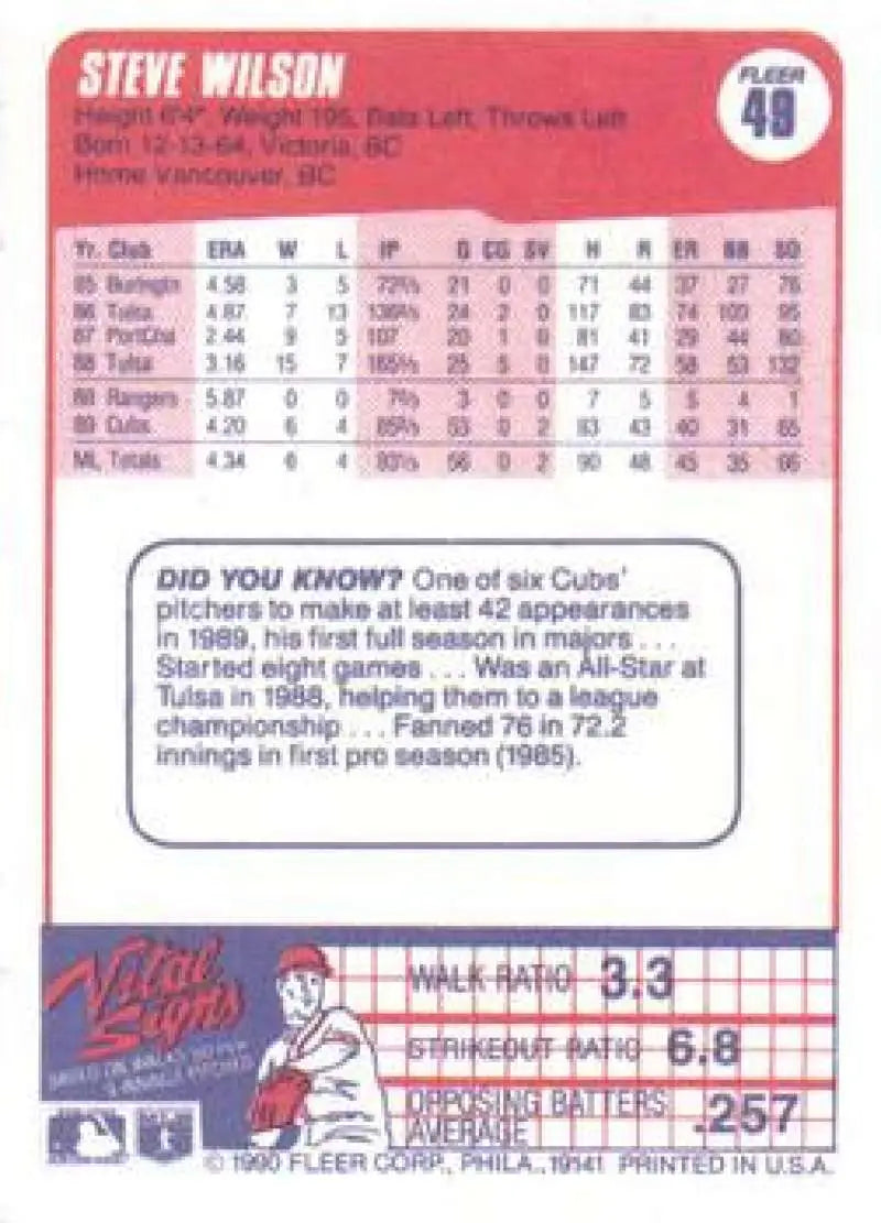 1990 Fleer #49 Steve Wilson NM-MT Chicago Cubs Baseball Card - Baseball Card Single