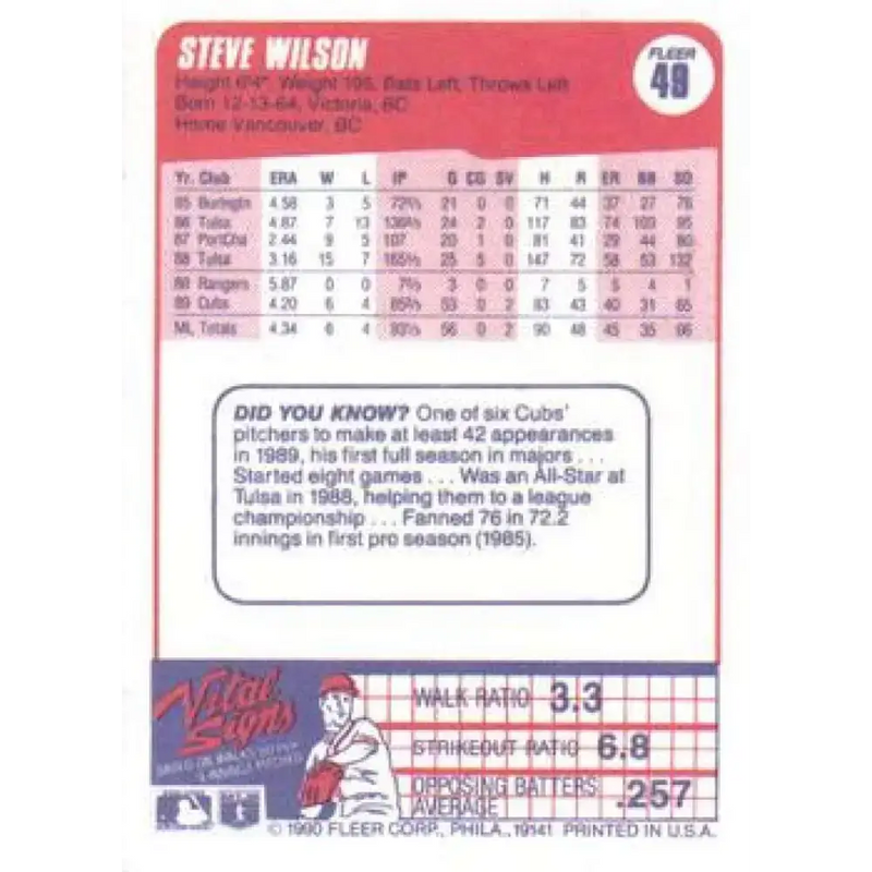 1990 Fleer #49 Steve Wilson NM-MT Chicago Cubs Baseball Card - Baseball Card Single