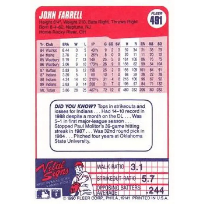 1990 Fleer #491 John Farrell NM-MT Cleveland Indians Baseball Card - Baseball Card Single