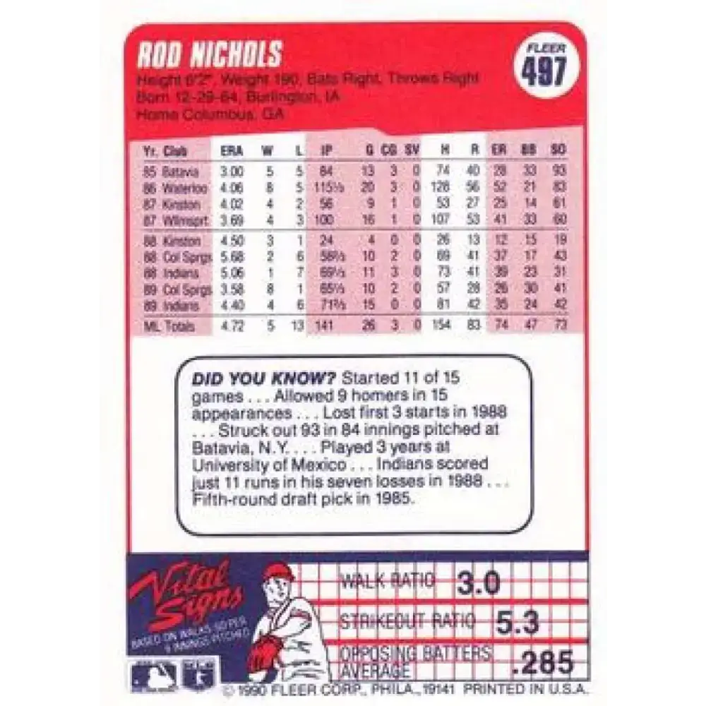 1990 Fleer #497 Rod Nichols NM-MT Cleveland Indians Baseball Card - Baseball Card Single