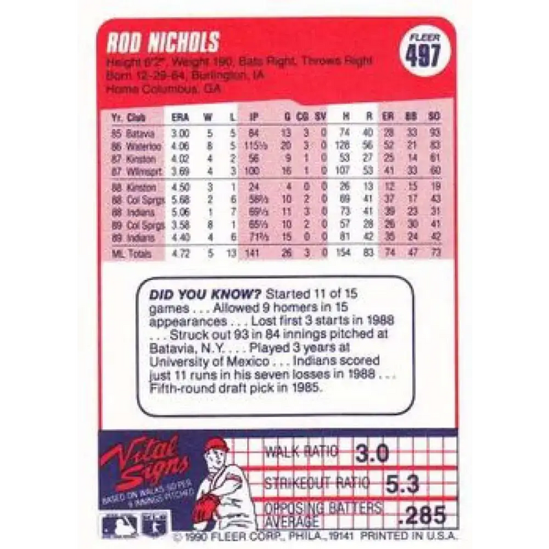 1990 Fleer #497 Rod Nichols NM-MT Cleveland Indians Baseball Card - Baseball Card Single