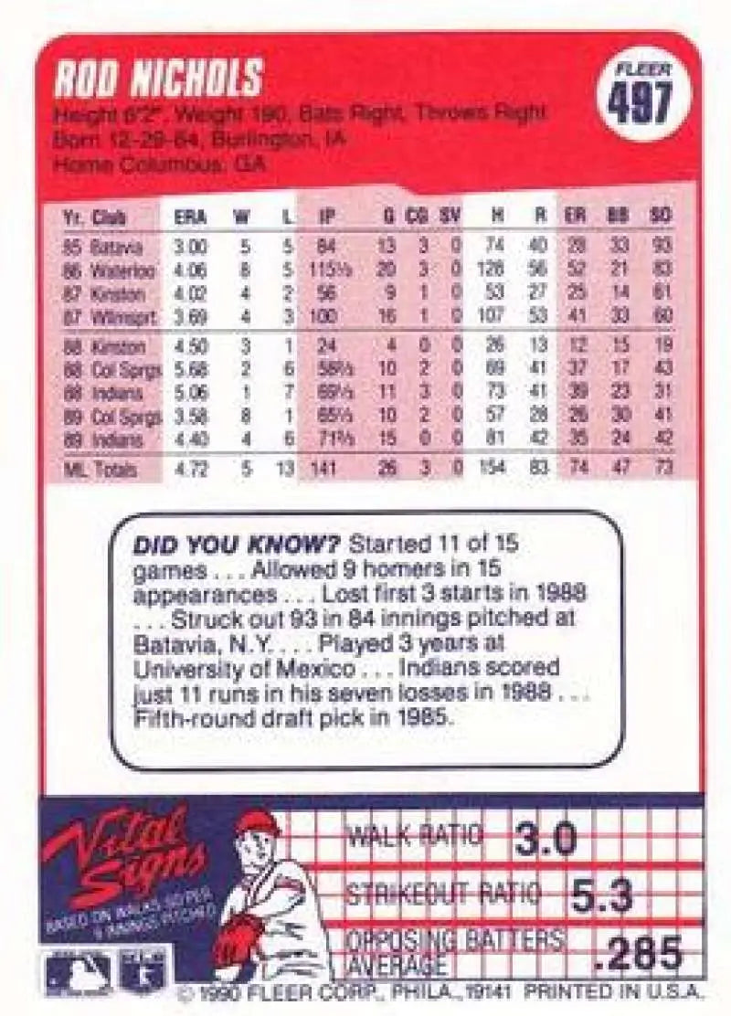 1990 Fleer #497 Rod Nichols NM-MT Cleveland Indians Baseball Card - Baseball Card Single