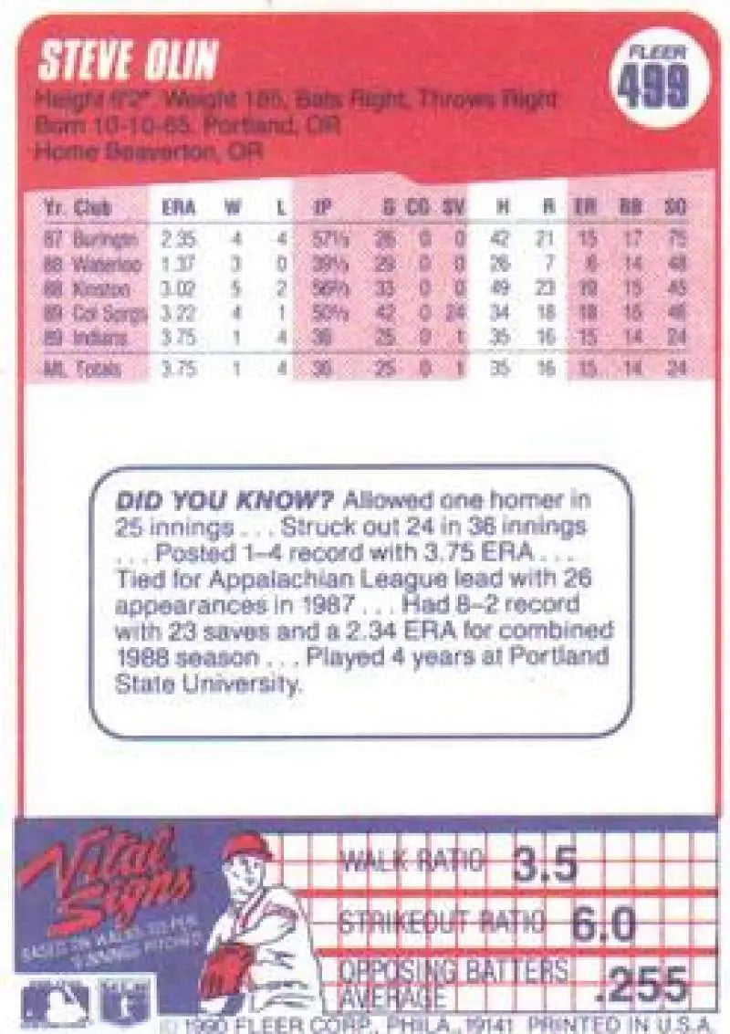 1990 Fleer #499 Steve Olin NM-MT RC Rookie Cleveland Indians Baseball Card - Baseball Card Single