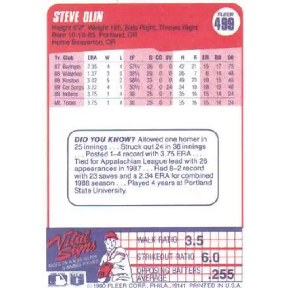 1990 Fleer #499 Steve Olin NM-MT RC Rookie Cleveland Indians Baseball Card - Baseball Card Single