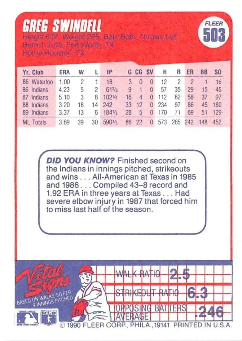 1990 Fleer #503 Greg Swindell NM-MT Cleveland Indians Baseball Card - Baseball Card Single