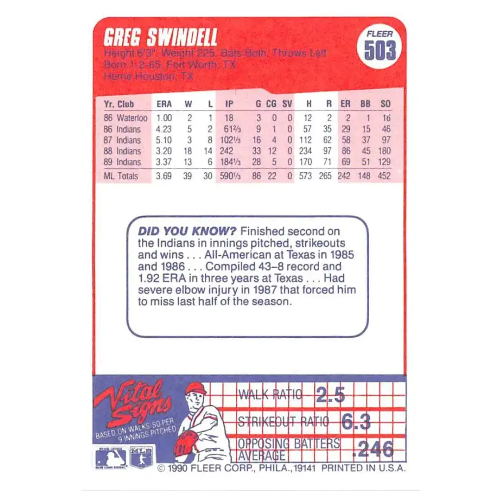 1990 Fleer #503 Greg Swindell NM-MT Cleveland Indians Baseball Card - Baseball Card Single