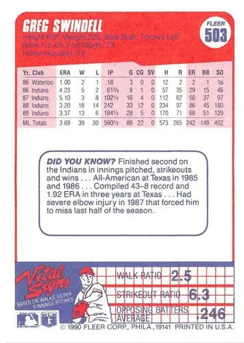 Original gloss baseball card of Greg Swindell from 1990 Fleer #503 Indians