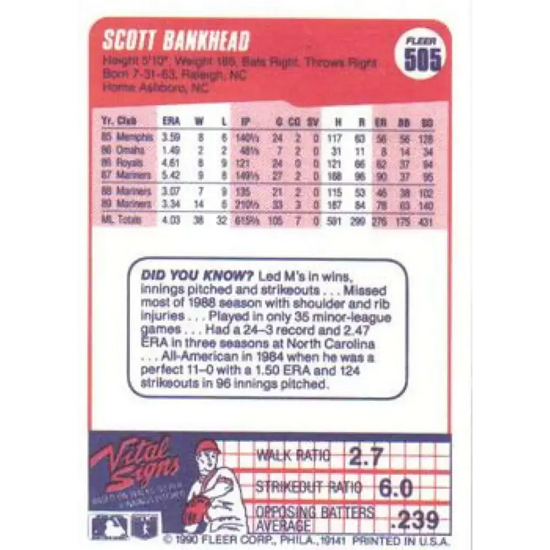 1990 Fleer #505 Scott Bankhead NM-MT Seattle Mariners Baseball Card - Baseball Card Single