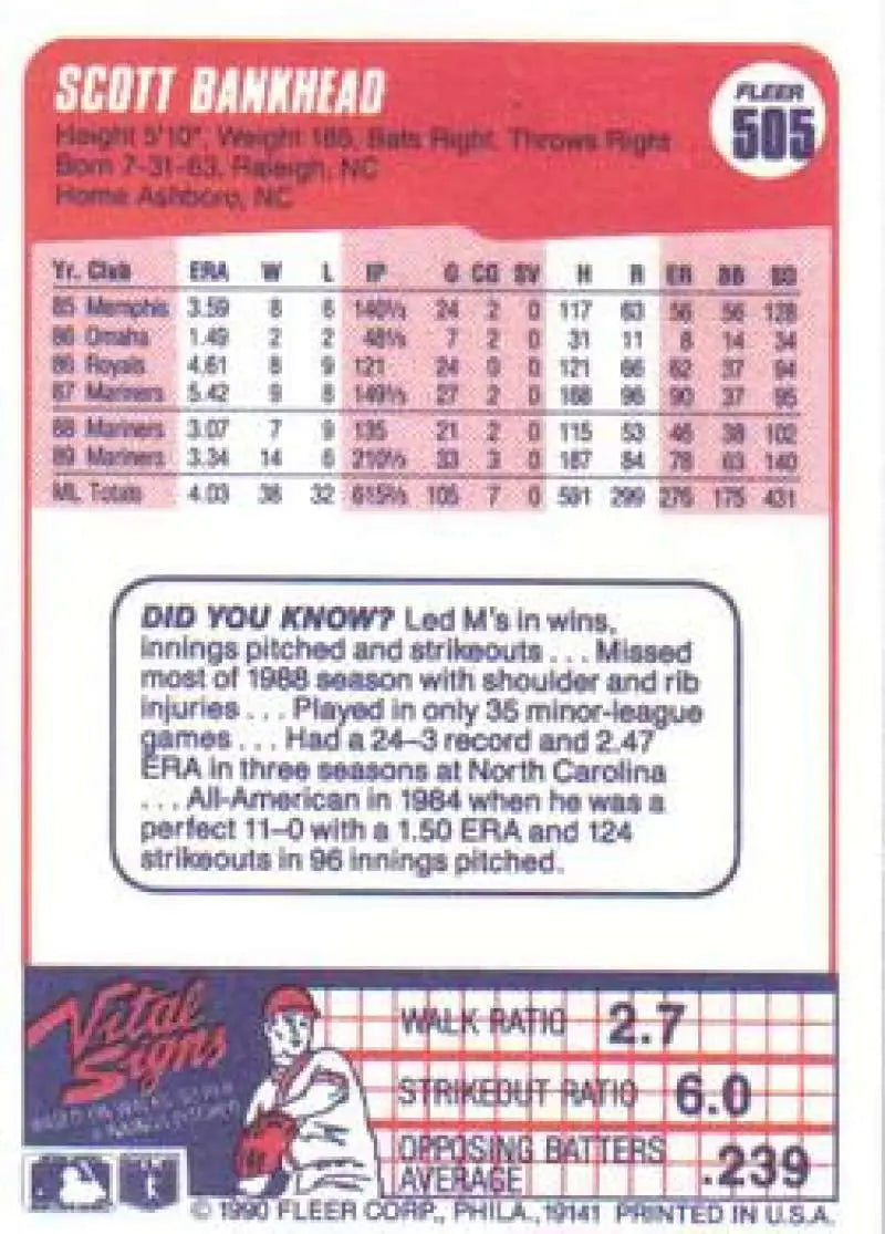 1990 Fleer #505 Scott Bankhead NM-MT Seattle Mariners Baseball Card - Baseball Card Single