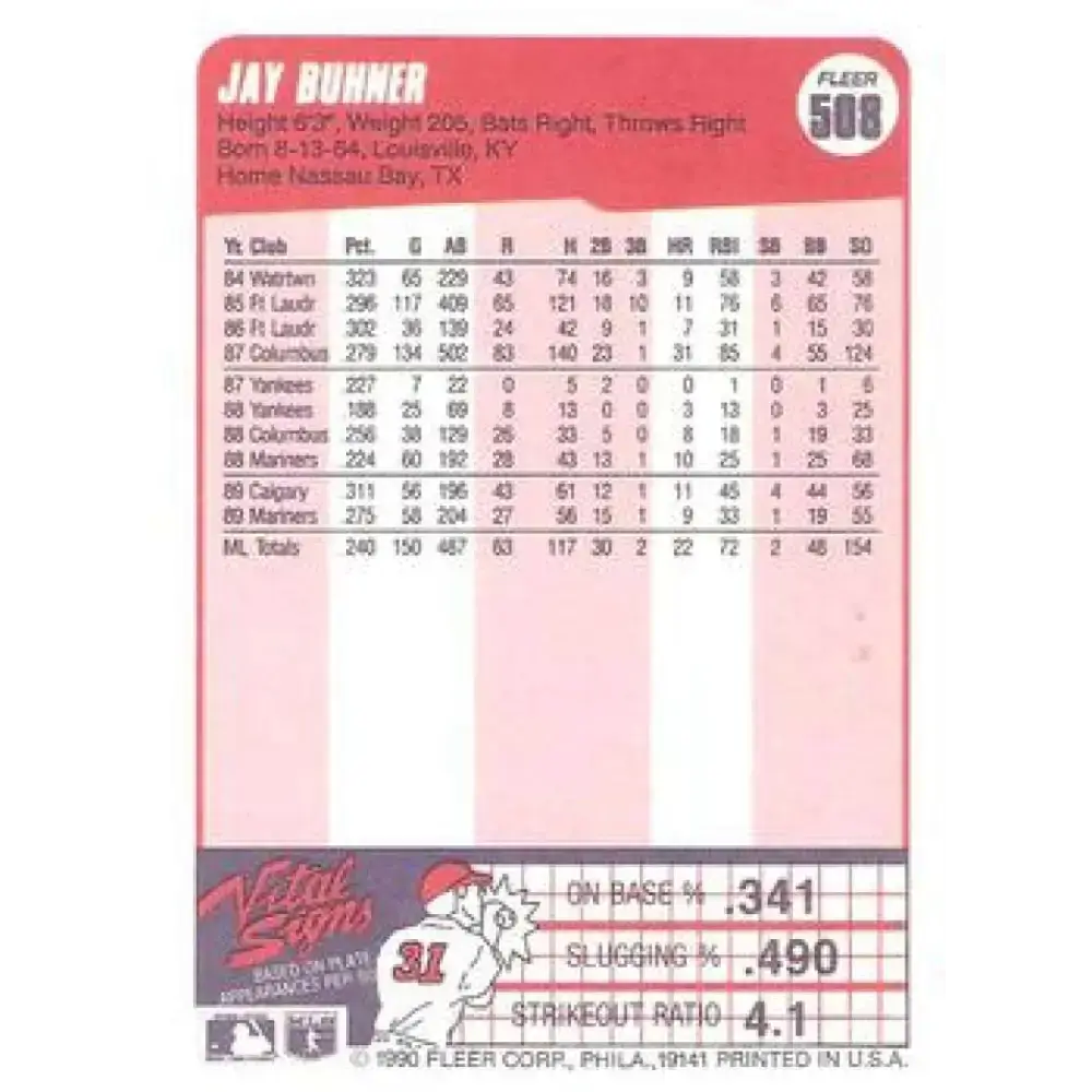 1990 Fleer #508 Jay Buhner NM-MT Seattle Mariners Baseball Card - Baseball Card Single