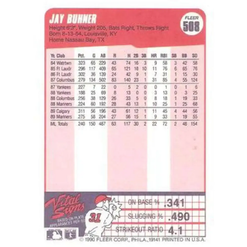 1990 Fleer #508 Jay Buhner NM-MT Seattle Mariners Baseball Card - Baseball Card Single